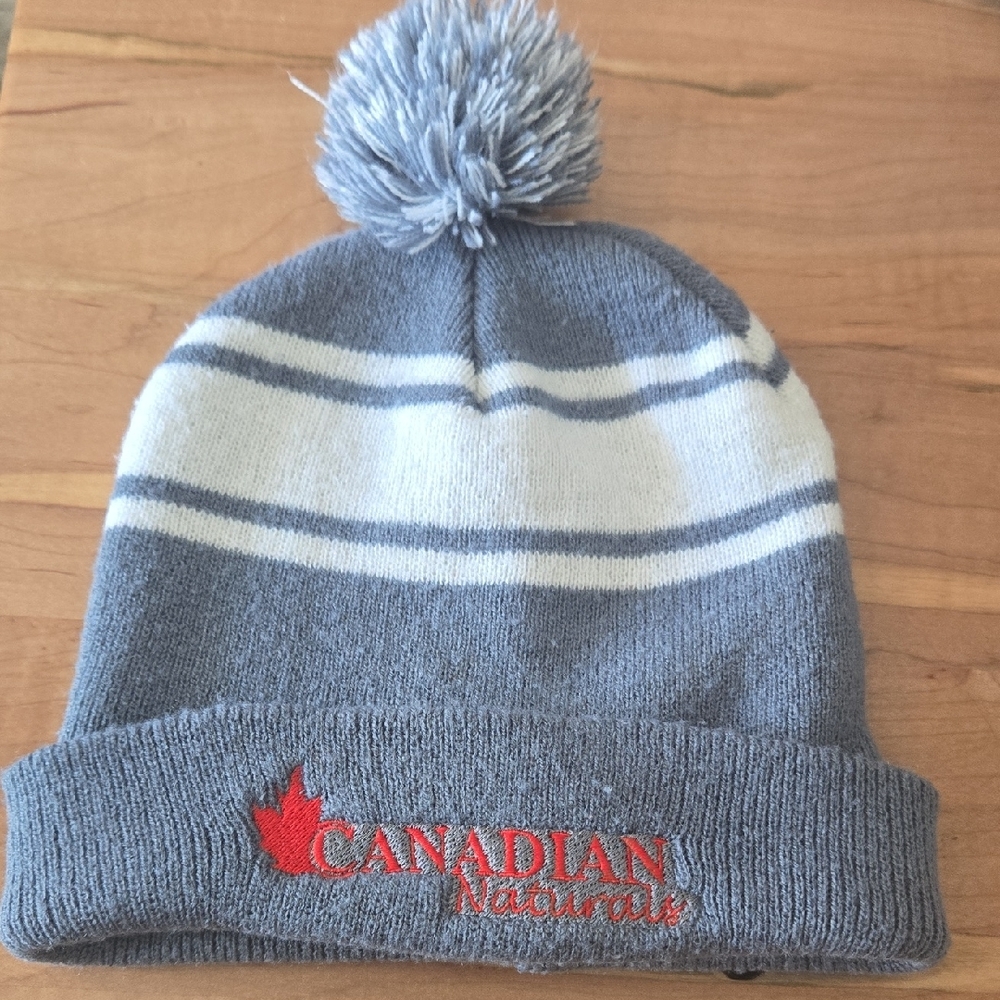 Canadian Naturals Gray and White Knit Beanie with Red Maple Leaf Accent